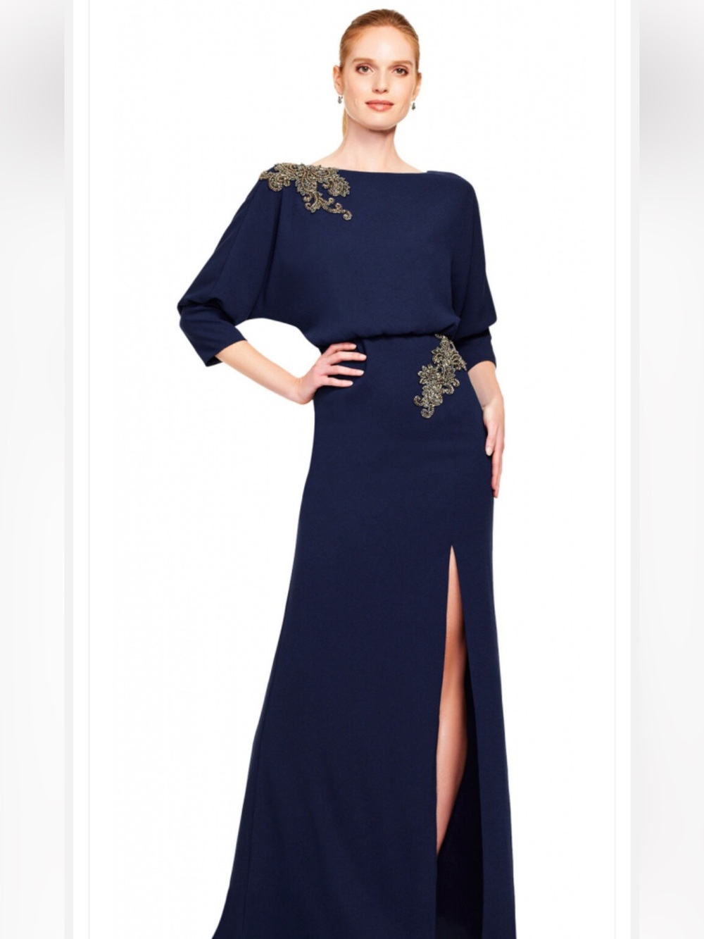 Aidan Mattox Navy Gown with silver Embellishment and Side Slit